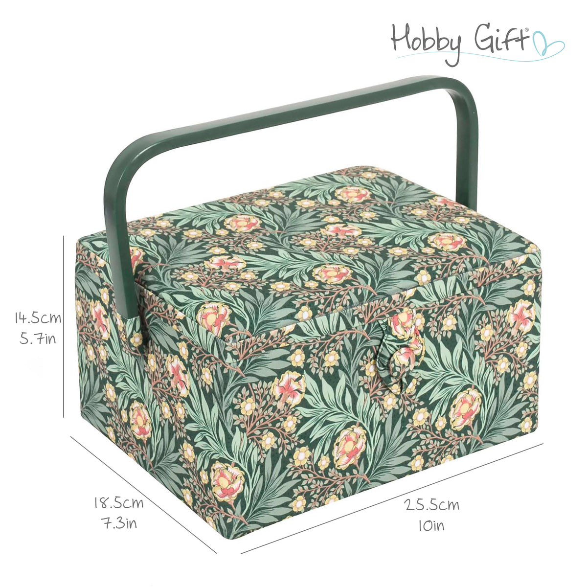 Medium sewing box covered in green arts and crafts floral fabric