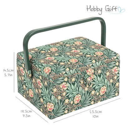 Medium sewing box covered in green arts and crafts floral fabric