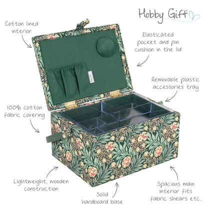 Medium sewing box covered in green arts and crafts floral fabric