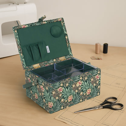 Medium sewing box covered in green arts and crafts floral fabric