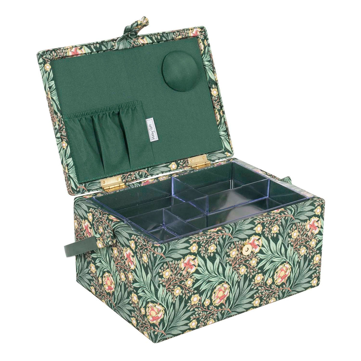 Medium sewing box covered in green arts and crafts floral fabric