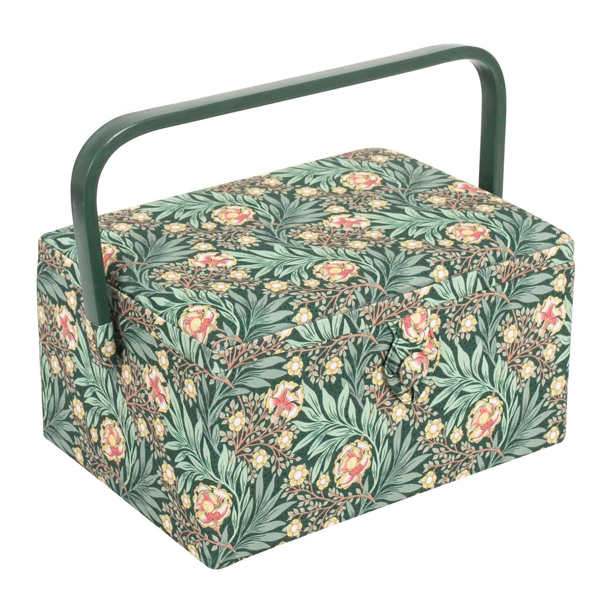 Medium sewing box covered in green arts and crafts floral fabric