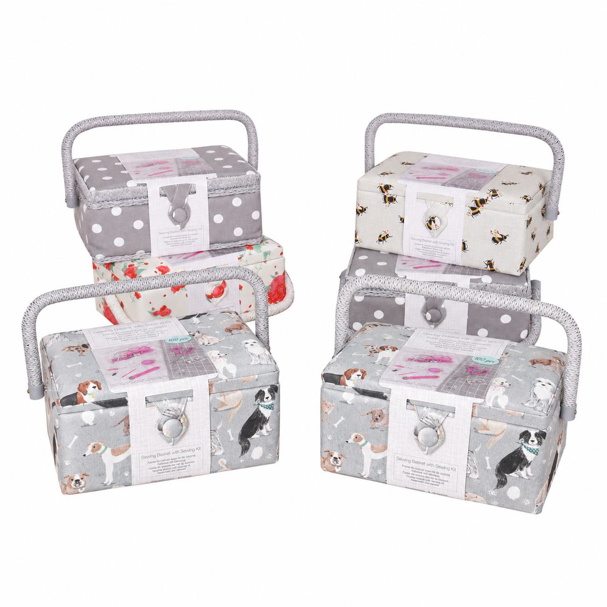 Fabric sewing boxes in assorted prints with sewing kit contents