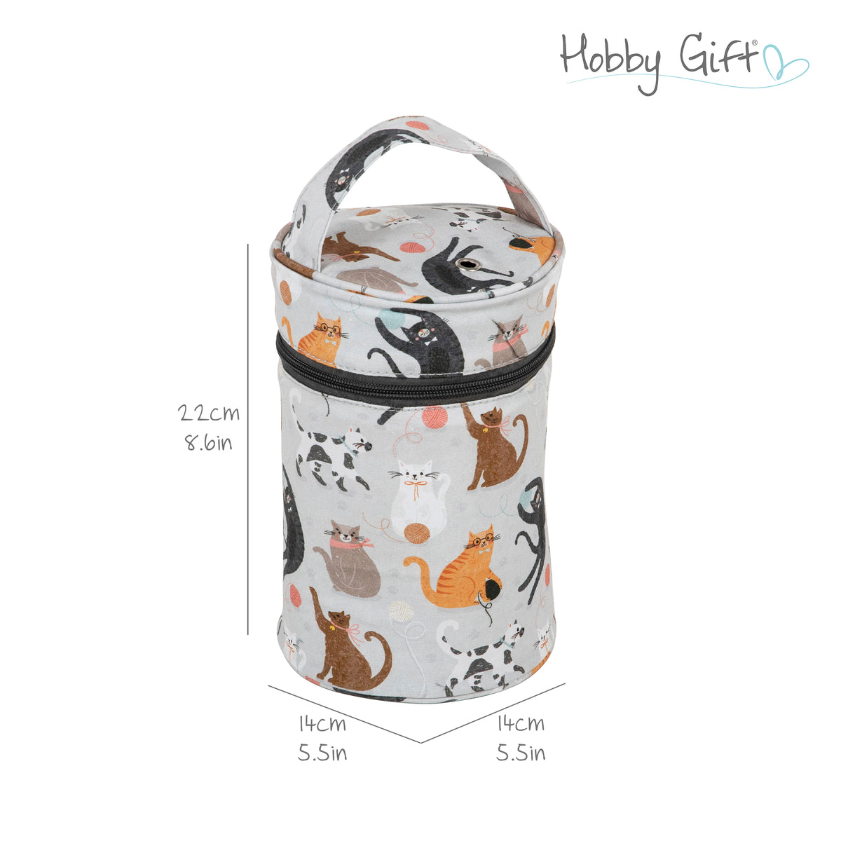 Fabric wool holder with a cat print, carry handle and yarn eyelet on top