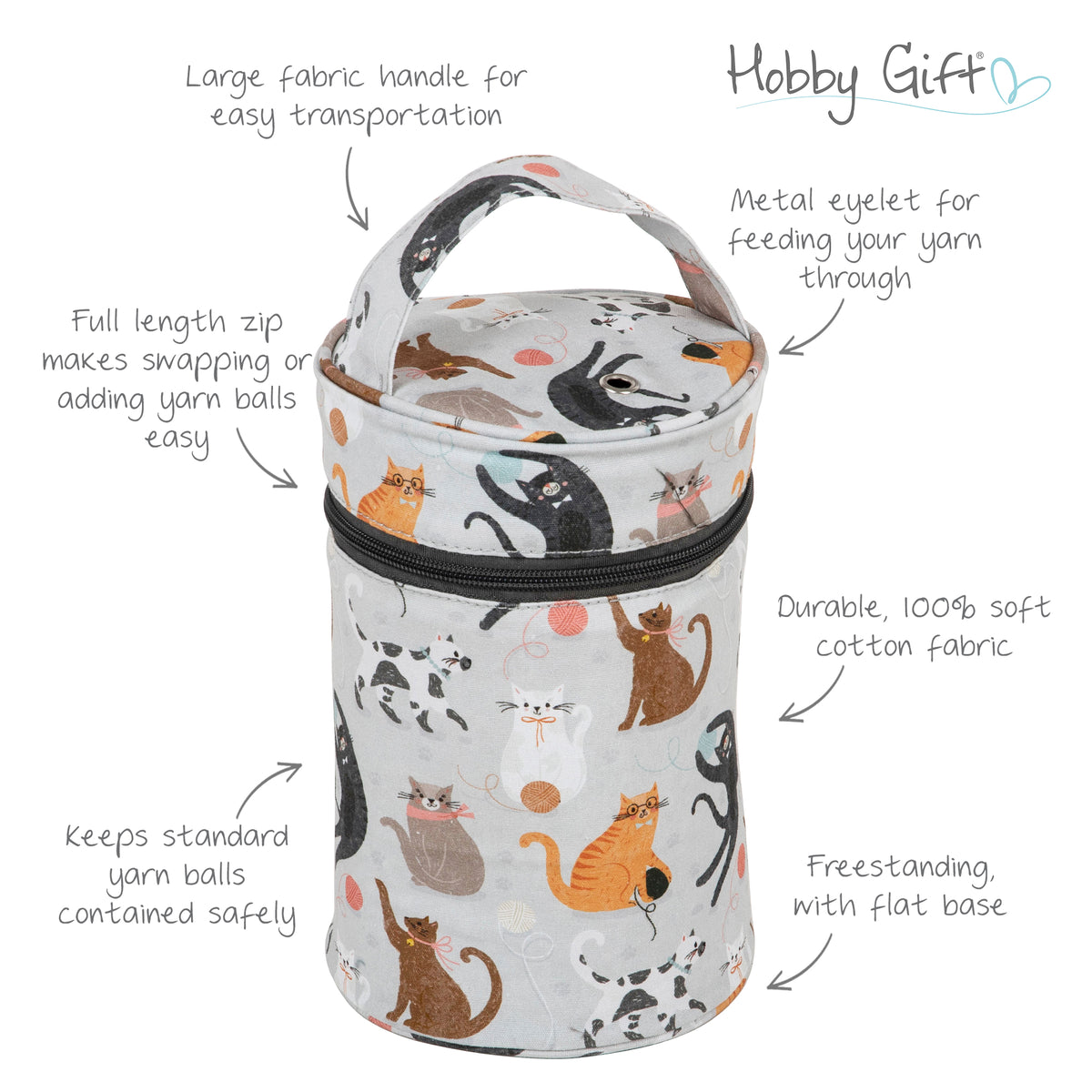 Fabric wool holder with a cat print, carry handle and yarn eyelet on top