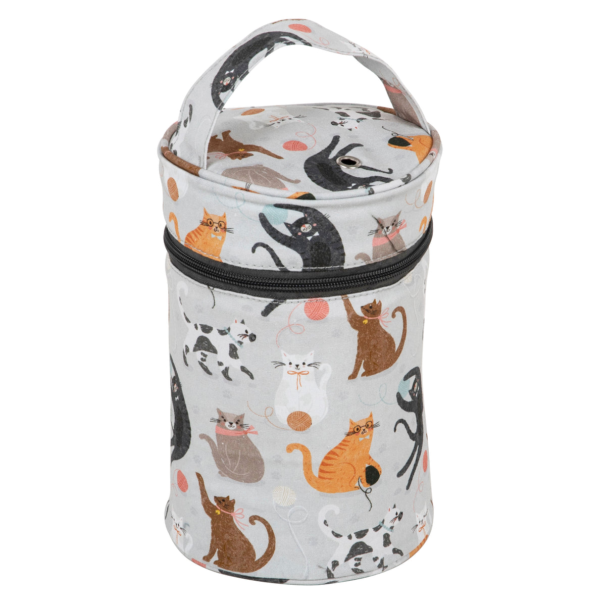 Fabric wool holder with a cat print, carry handle and yarn eyelet on top
