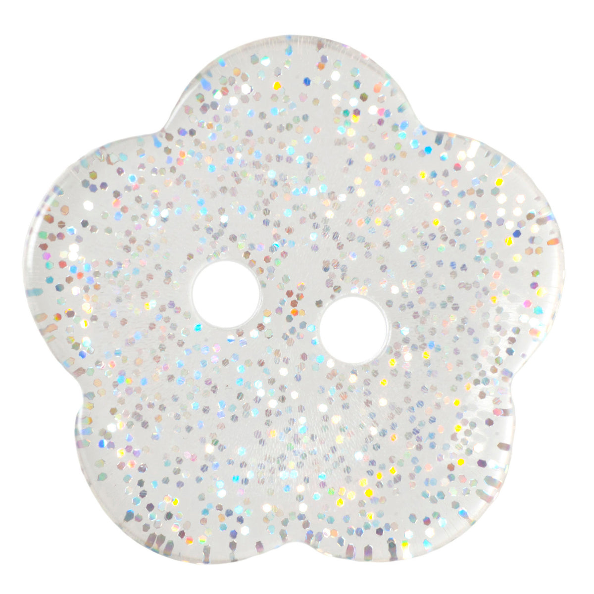 Clear 17mm glitter flower button on a white background