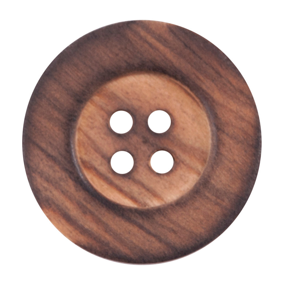 Round dark brown wood-grain effect button with four holes