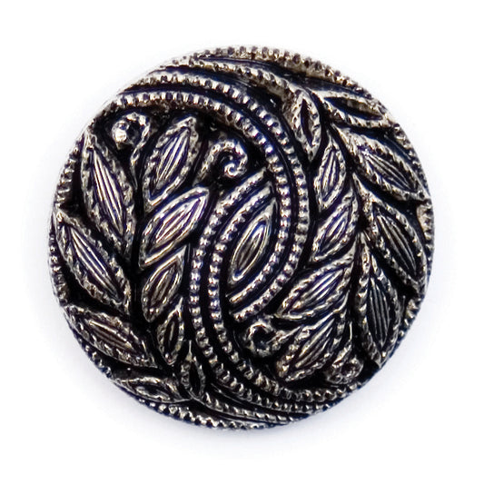 Round antique silver-tone shank button with an embossed leaf pattern