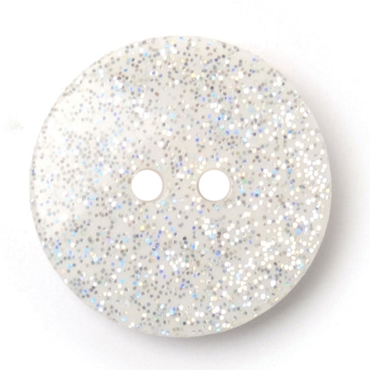 Round clear button with silver glitter and two holes