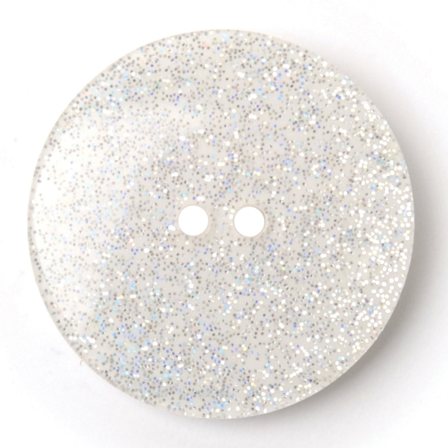 Clear round two-hole button with silver glitter