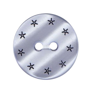 Pearlised lilac round button with black star prints and two holes