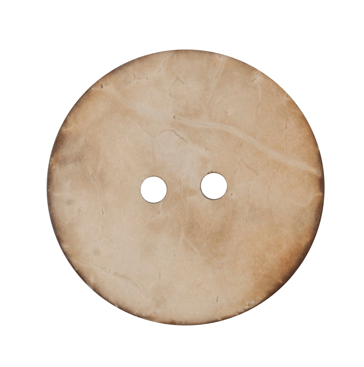Large beige mottled natural-look flat round button with two holes