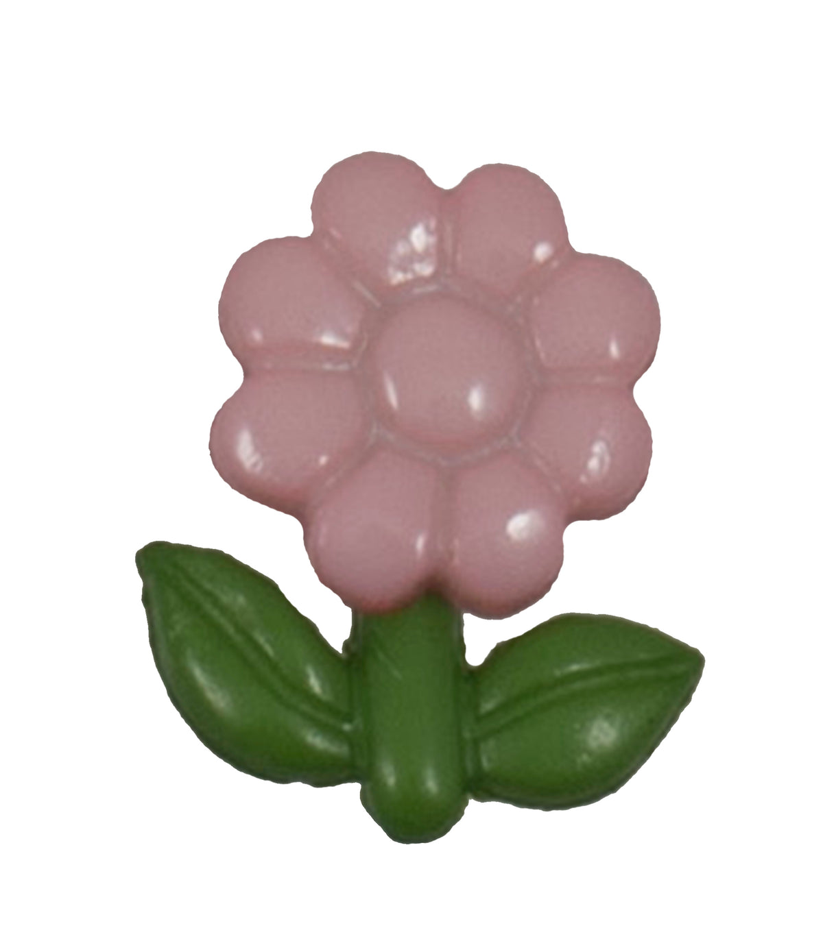 Pink flower novelty button with green stem and leaves