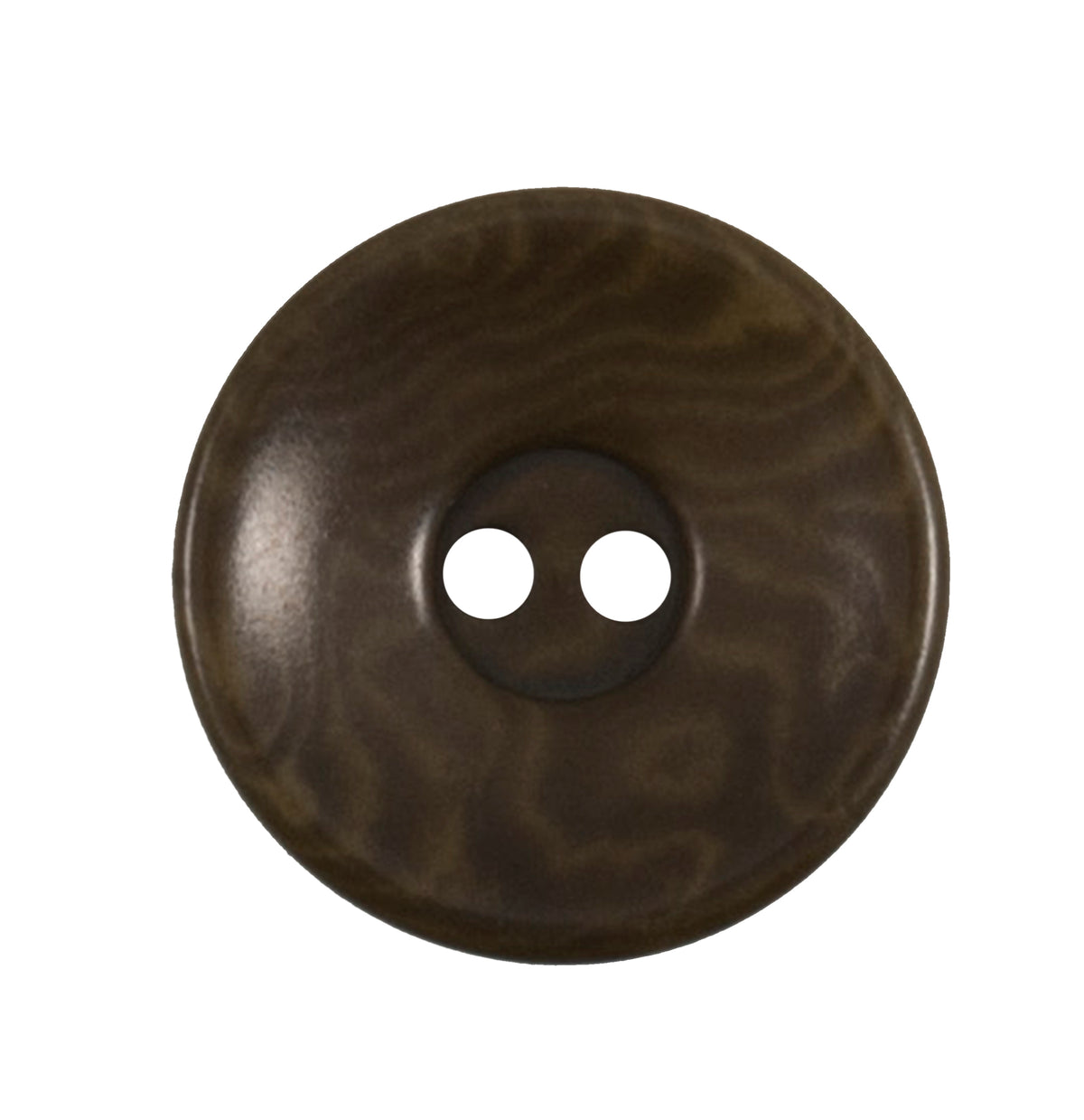 Round dark olive two-hole button with a marbled finish