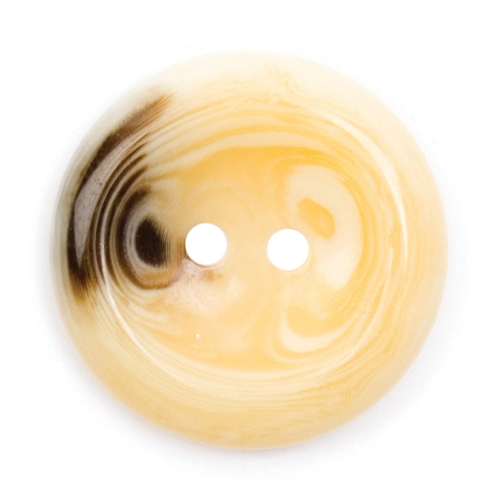 Round cream horn-effect two-hole button with brown markings