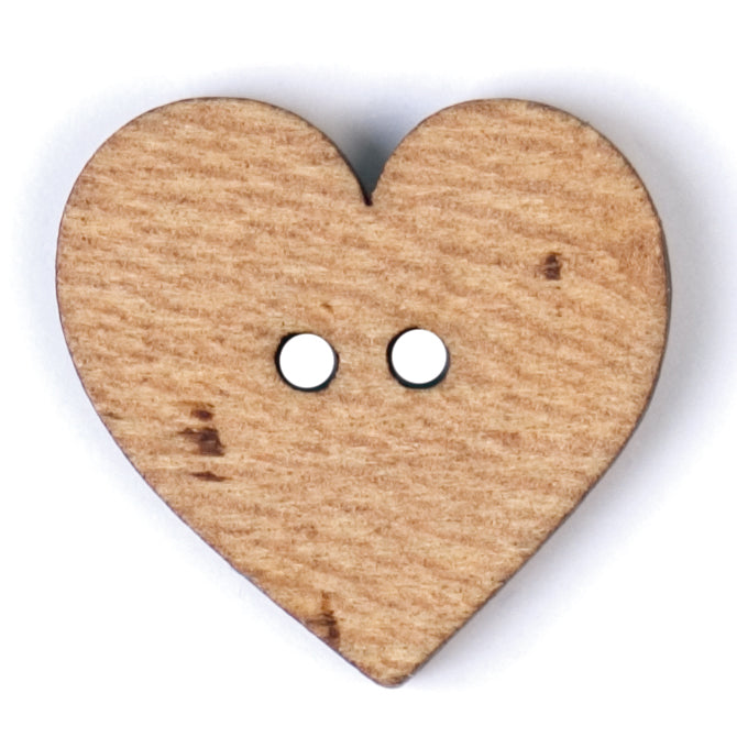 Heart-shaped natural wood-look two-hole button