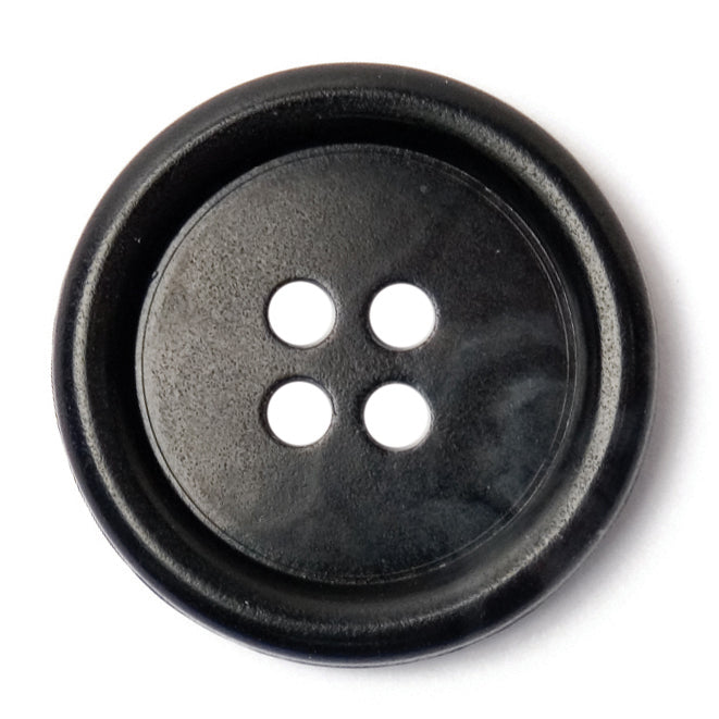 Round black four-hole button with a raised rim