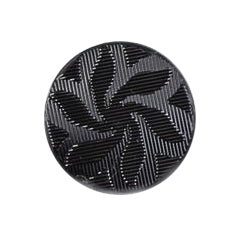 Black round button with embossed leaf swirl pattern