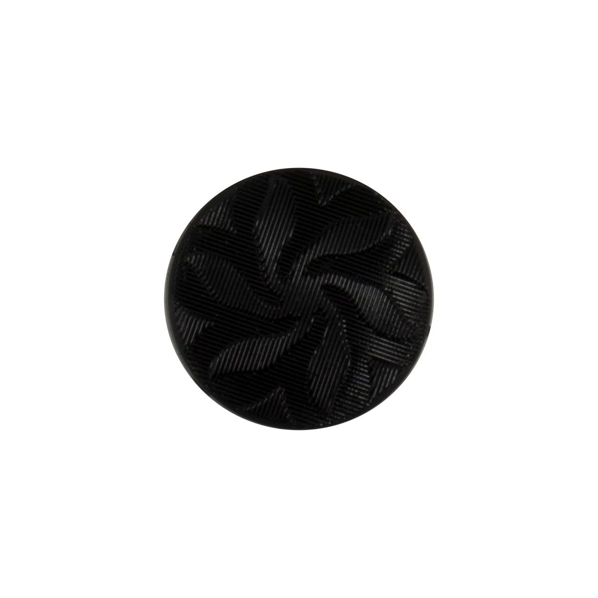Black round button with embossed leaf swirl pattern