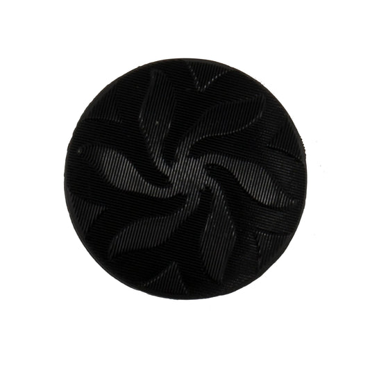 Large black round button with embossed leaf swirl pattern