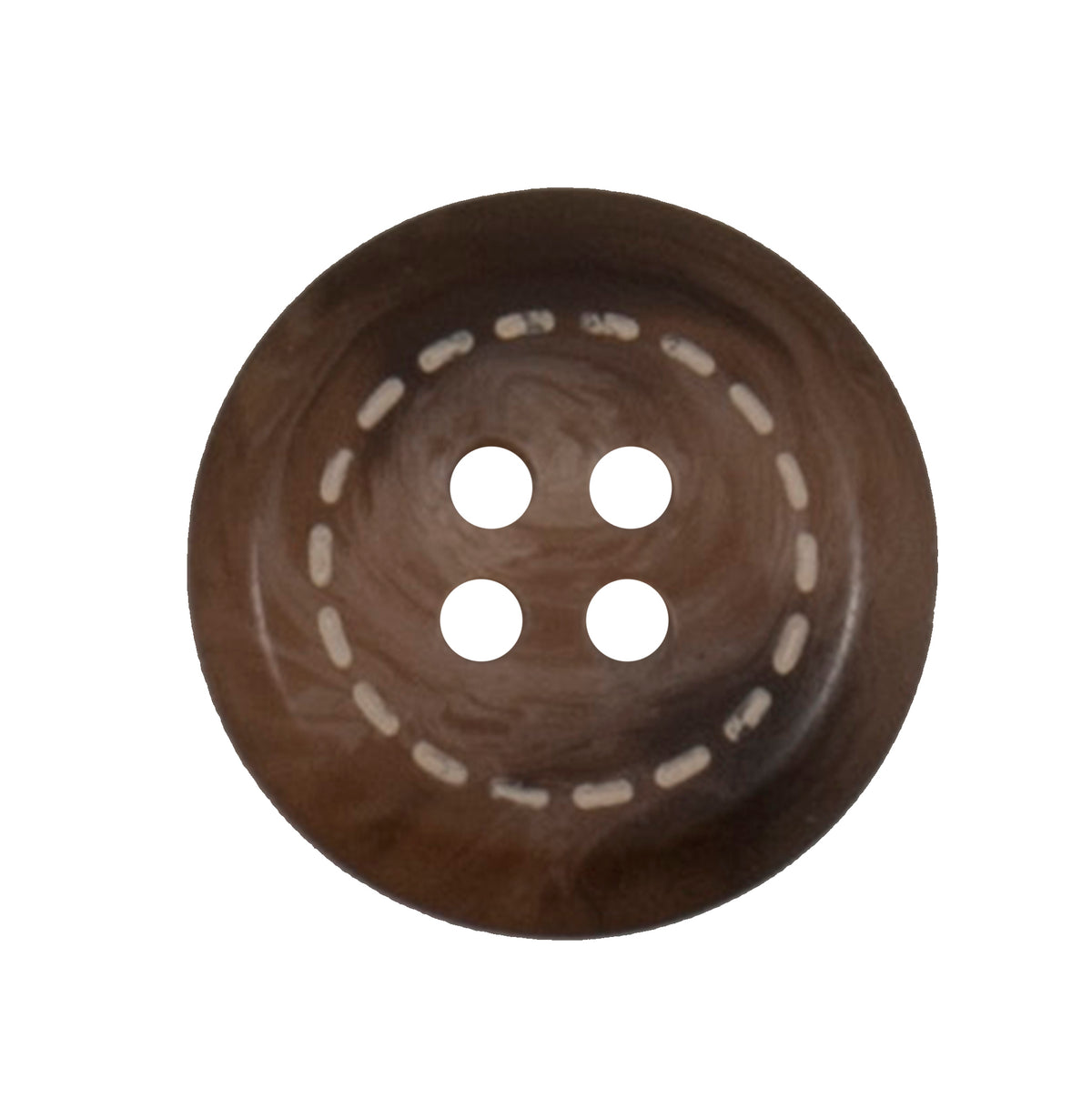 Dark brown horn-effect round button with a stitched ring design and four holes
