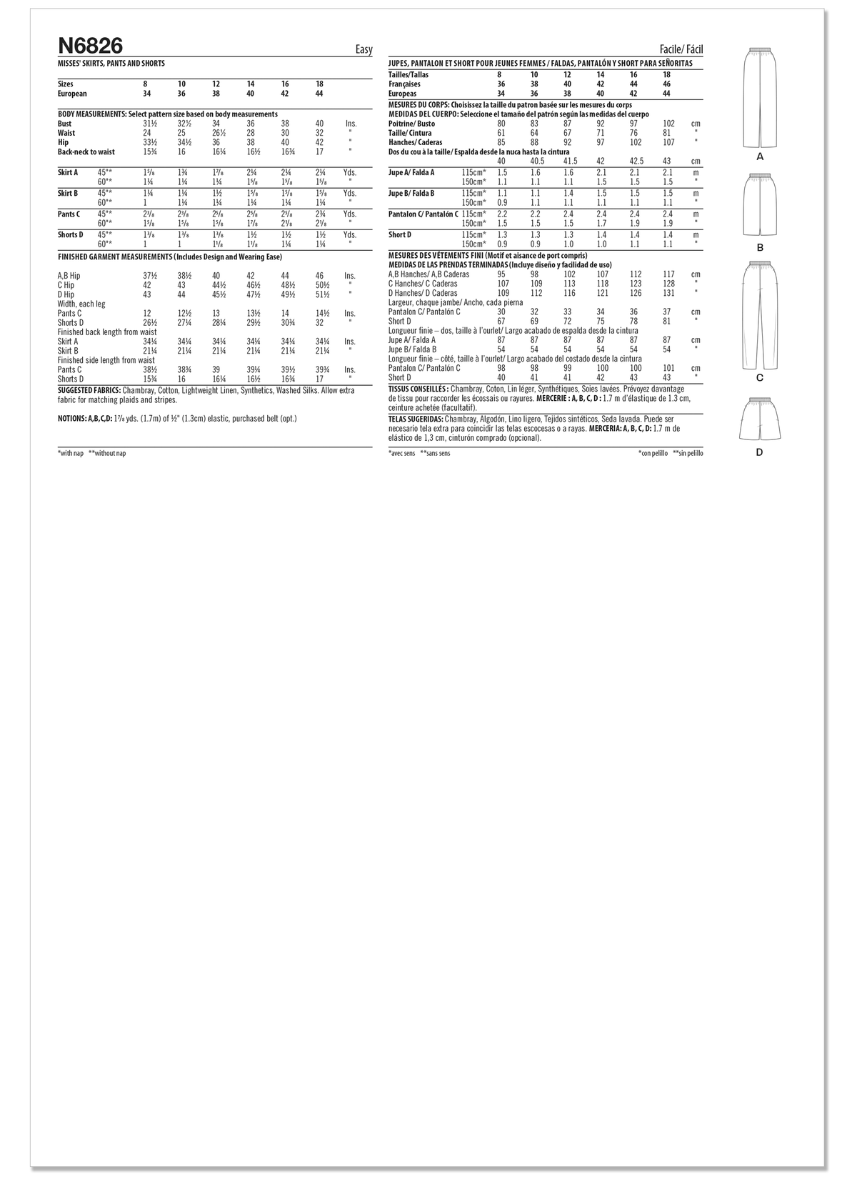 New Look N6826 sewing pattern envelope showing skirts, trousers and shorts