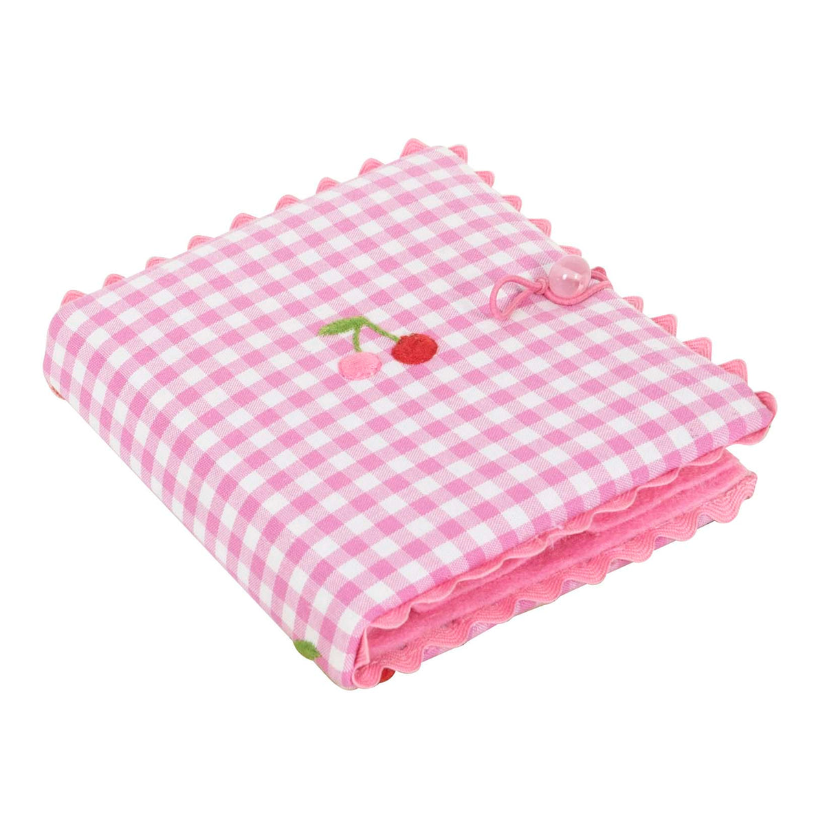 Gingham fabric needle case with embroidered cherries