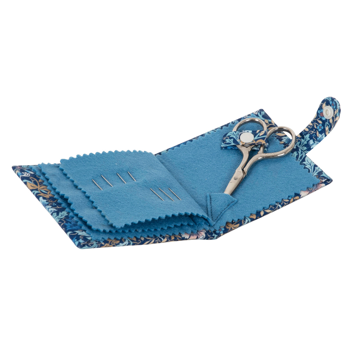 Woodblock floral print fabric needle case with scissors