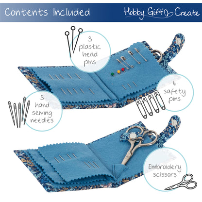 Woodblock floral print fabric needle case with scissors