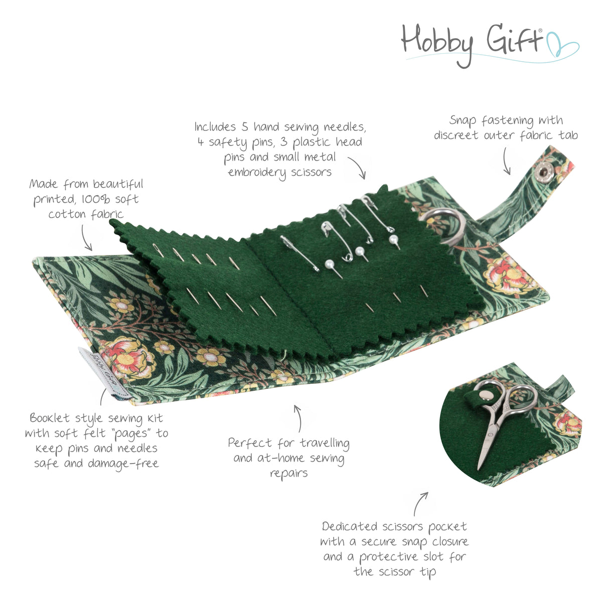 Green floral fabric needle case with scissors