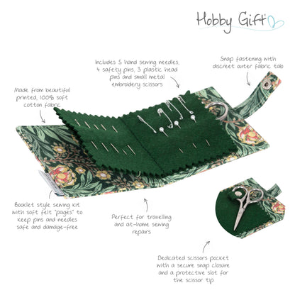 Green floral fabric needle case with scissors