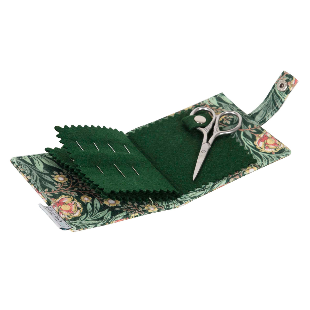 Green floral fabric needle case with scissors