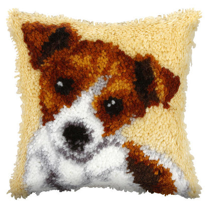 Finished latch hook cushion with jack russell design