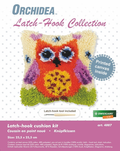 Finished latch hook cushion with orange owl design