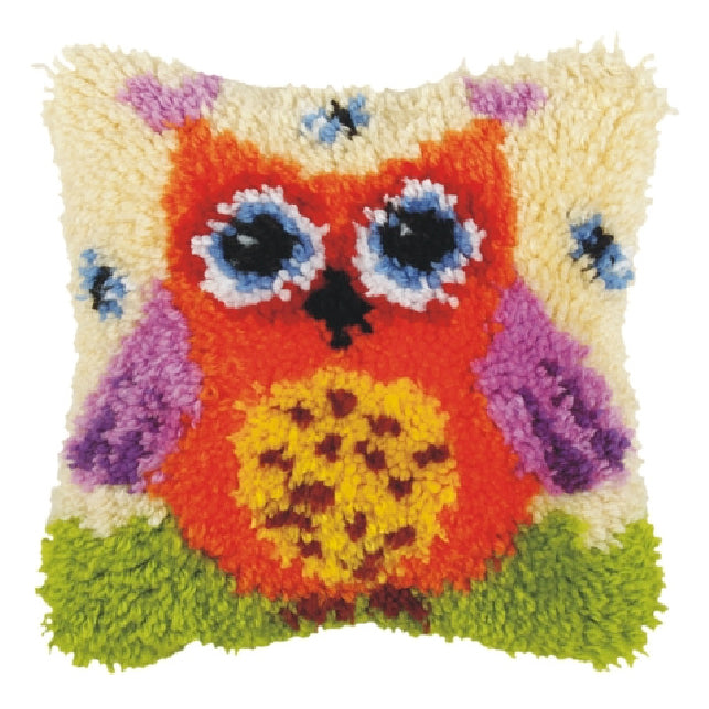 Finished latch hook cushion with orange owl design