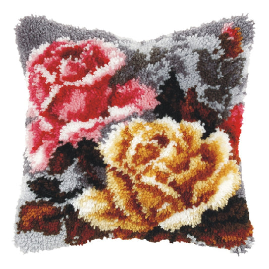 Finished latch hook cushion with double rose design