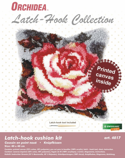 Finished latch hook cushion with rose design