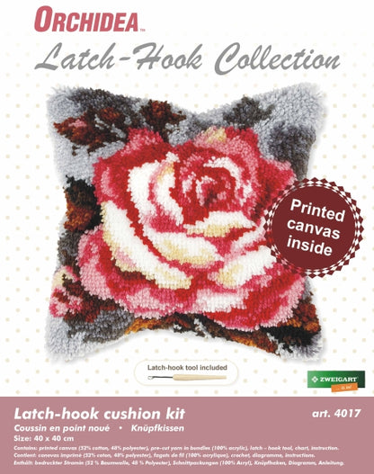 Finished latch hook cushion with rose design