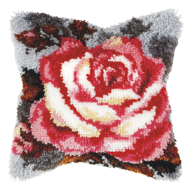 Finished latch hook cushion with rose design
