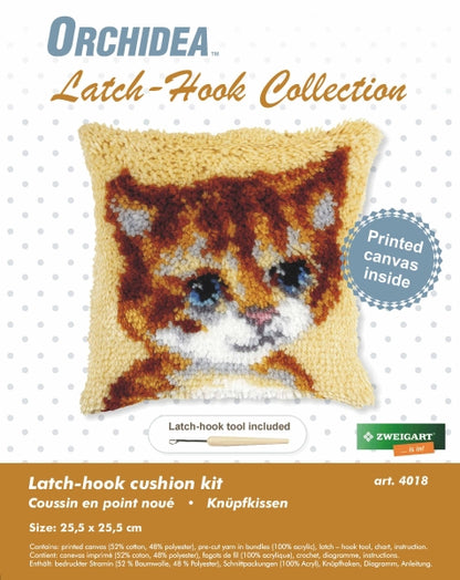 Finished latch hook cushion with cat design