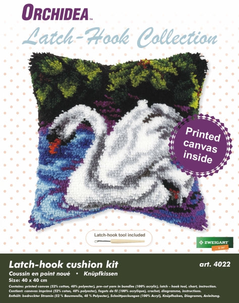 Finished latch hook cushion with swan design