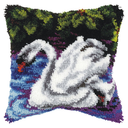 Finished latch hook cushion with swan design