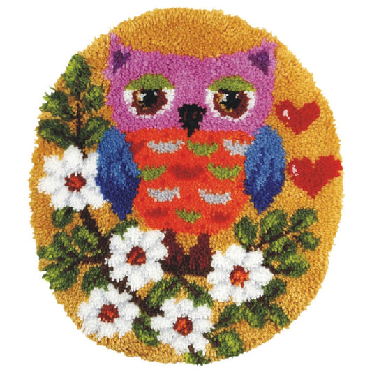 Finished latch hook rug with owl design