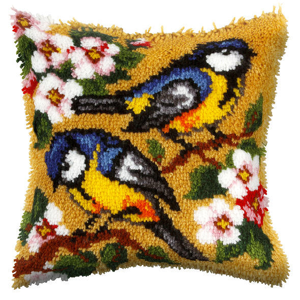 Finished latch hook cushion with blue tits design