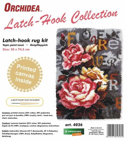 Finished latch hook rug with vintage roses on grey design