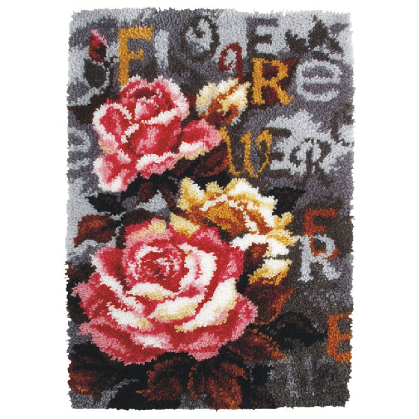 Finished latch hook rug with vintage roses on grey design