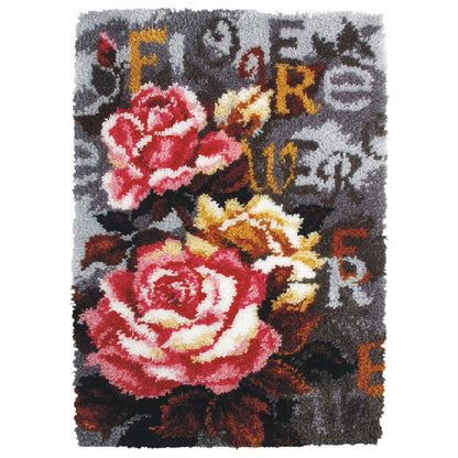 Finished latch hook rug with vintage roses on grey design