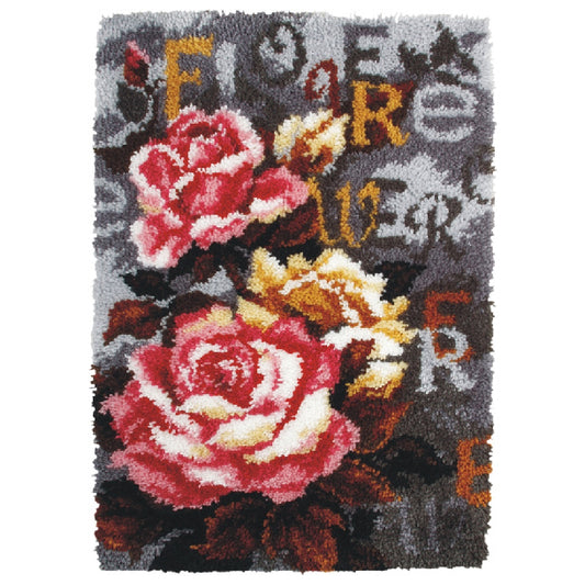 Finished latch hook rug with vintage roses on grey design