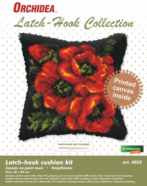 Finished latch hook cushion with red poppies on black design